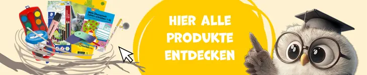 Werbung für Schulartikel mit Link zum Prospekt und buntem Maskottchen.