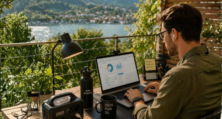 Mann arbeitet mobil mit Laptop auf Terrasse mit Blick auf See und Berge.