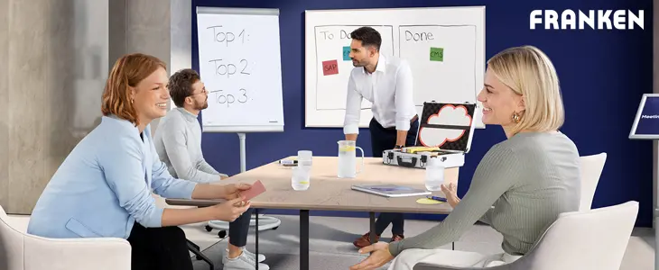Das Bild zeigt ein Team in einem modernen Meetingraum, das gemeinsam an kreativen Ideen arbeitet. Im Hintergrund sind ein Flipchart und ein Whiteboard zu sehen, die mit Notizen und Aufgaben beschriftet sind.