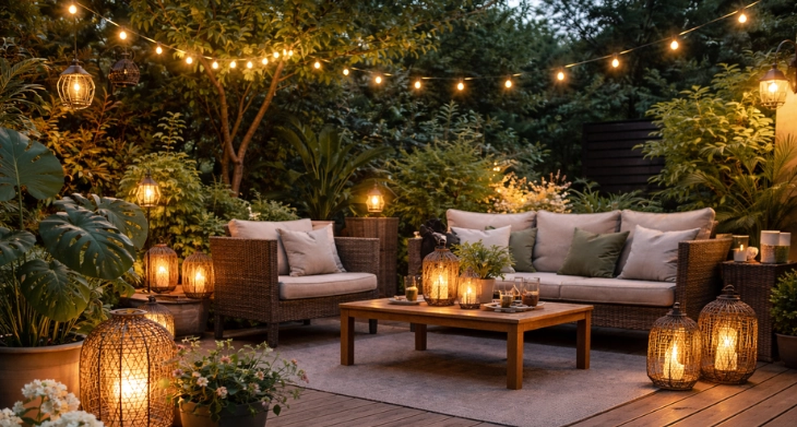 Gartenmöbel mit Lampen im Außenbereich.