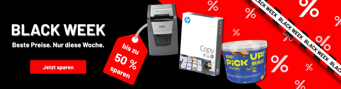 Auf schwarzem Hintergrund sind 3 Produkte und der Text Blackweek. Ein roter Balken mit Absperrbandoptik