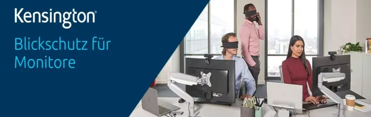 Das Bild zeigt ein modernes Büro mit mehreren Arbeitsplätzen, an denen Monitore mit Kensington-Blickschutzfiltern ausgestattet sind. Eine Mitarbeiterin arbeitet konzentriert, während andere Personen mit verbundenen Augen dargestellt werden, um die Sicherheit sensibler Daten und den Schutz vor neugierigen Blicken zu verdeutlichen.