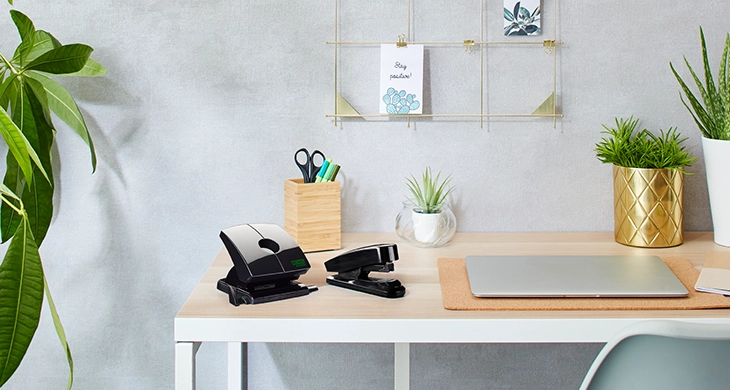 Das Bild zeigt einen Schreibtisch mit Pflanzen und Büroartikeln. Im Vordergrund stehen ein schwarzes Heftgerät und ein Locher der re+new Serie von Novus in schwarz. Im Hintergrund sind ein Laptop, ein Bambus-Stiftehalter sowie zwei grüne Zimmerpflanzen in dekorativen Töpfen zu sehen. 