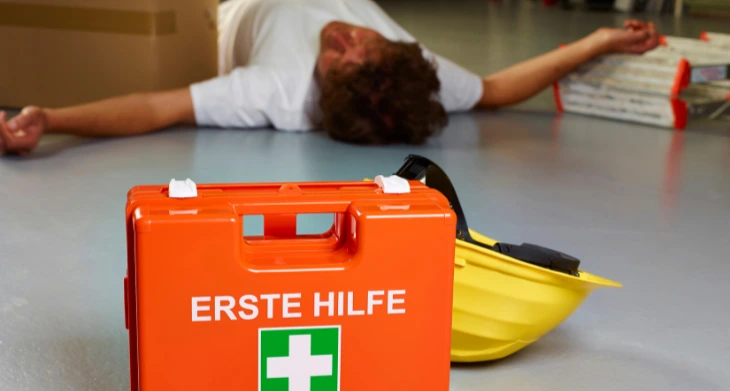 Erste-Hilfe-Koffer im Vordergrund, bewusstloser Arbeiter mit Helm liegt am Boden.