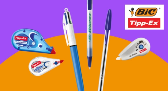 Auf orange-lila Hintergrund sind Produkte von BIC und Tipp Ex abgebildet.