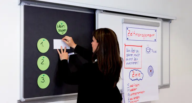 Das Bild zeigt eine Frau, die an einer Konferenzschiene arbeitet. An der Schiene sind eine Pinnwand sowie ein Flipchart befestigt, auf denen Inhalte wie „Zeitmanagement“ und nummerierte Punkte visualisiert werden.