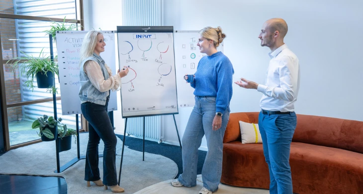 Drei Personen arbeiten gemeinsam an einer Legamaster SKETCH Flipchart.