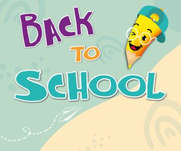 Grafik mit Text "Back to School" und Comiczeichnung eines Bleistifts