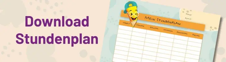 „Bunter Stundenplan mit lachendem Stift und Text: Download Stundenplan“