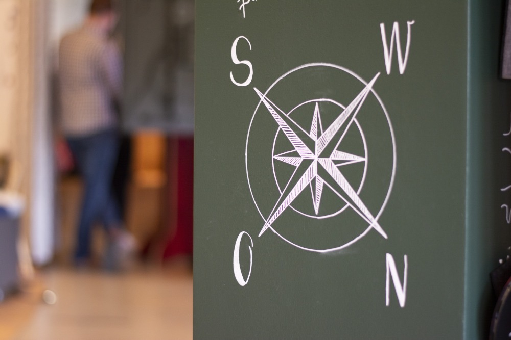 Weißer Kompass mit Himmelsrichtungen auf grüner Tafel