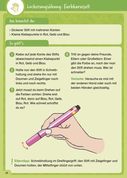 Anleitung für die Lockerungsübung "Farbkarussell" mit Stift, Klebepunkten und Drehbewegung.