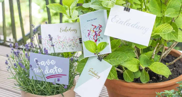 Auf einer Terrasse stehen 2 Blumenkübel mit Pflanzen, an denen diverse Einladungskarten hängen.