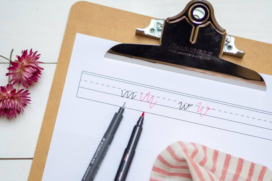 Auf einem Klemmbrett aus Holz klemmt ein Papier mit Hilfslinien zum Lettern. In den Zeilen steht die Buchstaben m und w – links im klassischem Handlettering-Stil rechts daneben im Bounce Lettering Stil. Pigment Liner und rosa Filzstift der Firma Staedtler liegen darunter. Zwei rosa Trockenblumen und ein rosa-weiß gestreiftes Tuch lockern das Bild auf. Foto: Johanna Rundel