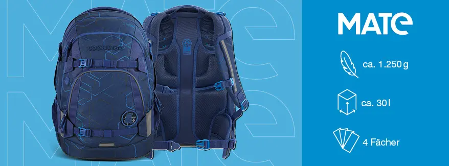 Der Schulrucksack coocazoo MATE ist von vorne und von hinten abgebildet, daneben die Angaben 1.250 gr, 30 l und 4 Fächer.