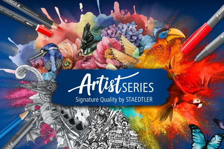 Marketinggrafik für die Artist Series von STAEDTLER: Explodierende Farben und Zeichnungen auf dunkelblauem Grund