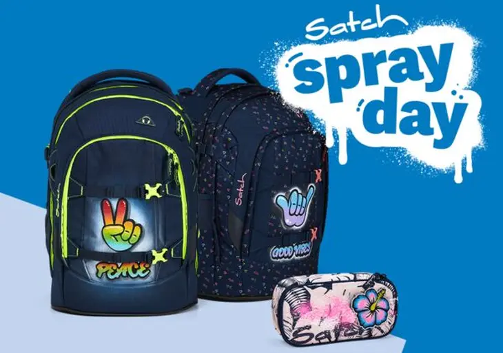 Abbildung von satch Rucksäcken mit dem Hinweis zum satch spray day