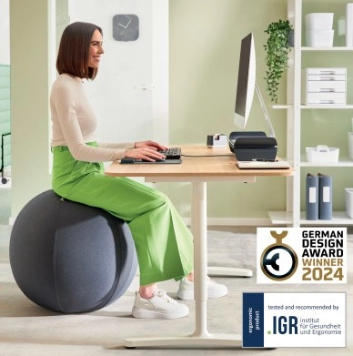 Das Bild zeigt eine Frau, die an einem höhenverstellbaren Schreibtisch von Leitz arbeitet und auf einem ergonomischen Sitzball sitzt.