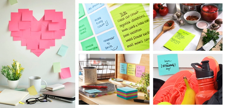 Das Bild zeigt Anwendungsabbildungen für den Alltag, links ein pinkes Herz aus Haftnotizen, in der Mitte to-do-Listen, recht eine persönliche Nachricht.
