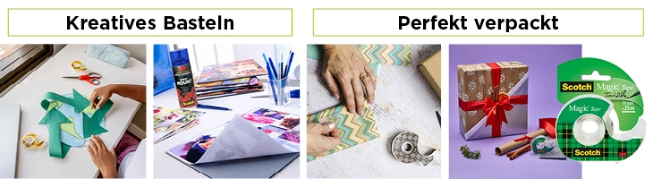 Verschiedene Anwendungsbereiche der Scotchprodukte zum Geschenke einpacken.