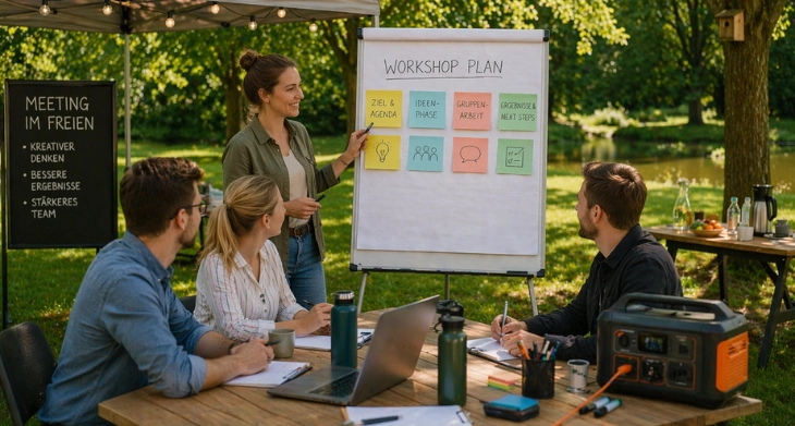 Kollegen arbeiten im Freien an Flipchart bei strukturiertem Outdoor Workshop.