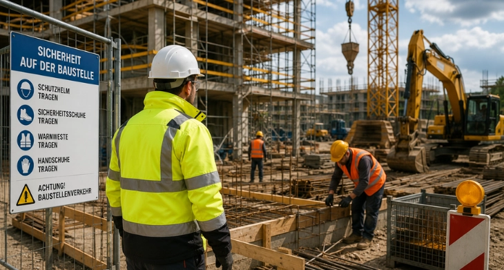Bauarbeiter mit Schutzhelm, Warnweste und Sicherheitsschuhen arbeiten auf einer modernen Baustelle.