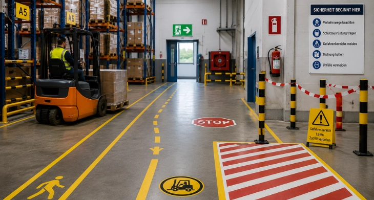 Logistikbereich mit Bodenmarkierungen, Absperrbändern und Warnschildern.