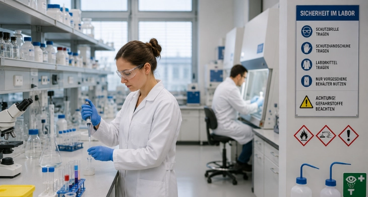 Laborantin mit Schutzbrille und Einweghandschuhen arbeitet in einem modernen Labor.