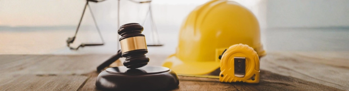 Richterhammer, gelber Schutzhelm und Maßband als Symbol für Arbeitsschutz und Rechtssicherheit.