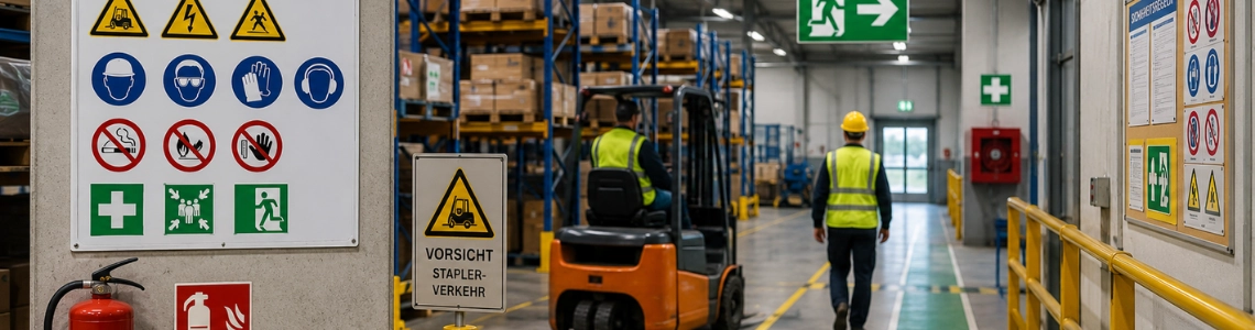 Modernes Lager mit Sicherheitskennzeichnungen, Bodenmarkierungen, Fluchtwegschildern.