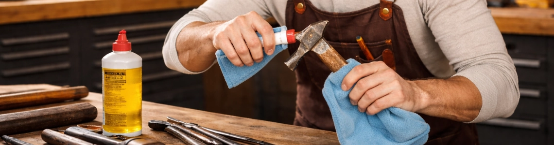 Handwerker reinigt Werkzeug mit Tuch und Pflegeprodukt in Werkstatt.