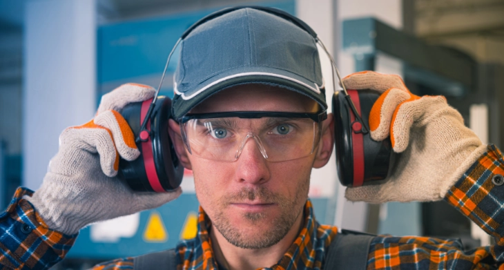 Arbeiter mit Gehörschutz, Schutzbrille und Handschuhen in einer Werkstatt.