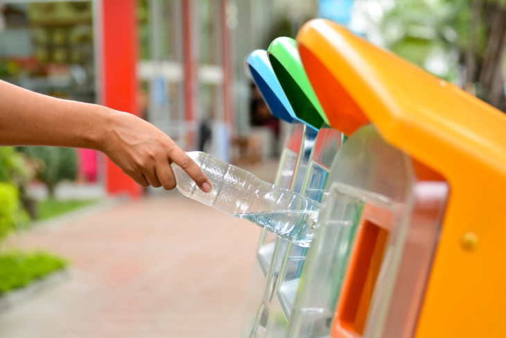 Ein Bild, das mehrere farbige Müllcontainer zur Mülltrennung  zeigt. Eine Person, entsorgt eine Plastikflasche in den dafür vorgesehenen Behälter. 