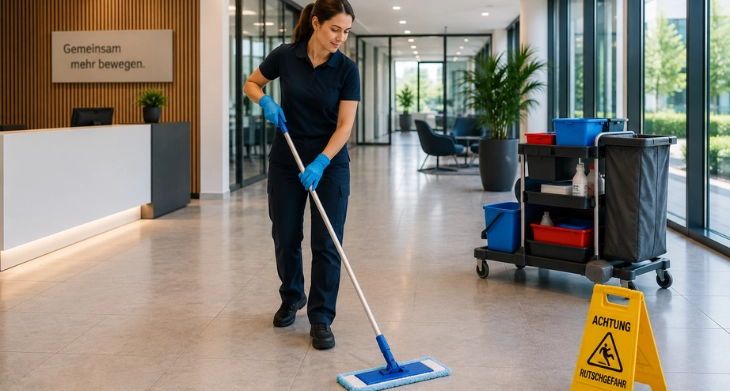 Reinigungskraft reinigt Flur mit Wischmopp