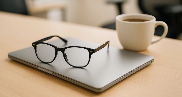 Lesebrille liegt auf Laptop im Büro.