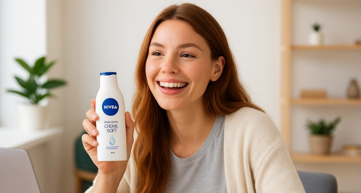 Lächelnde Frau mit NIVEA-Lotion im modernen Büro.
