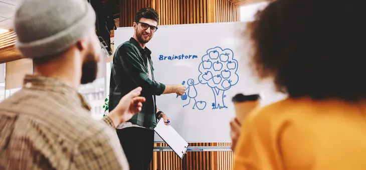 Das Bild zeigt eine Workshopsituation. Ein Mann steht vor einem Whiteboard.