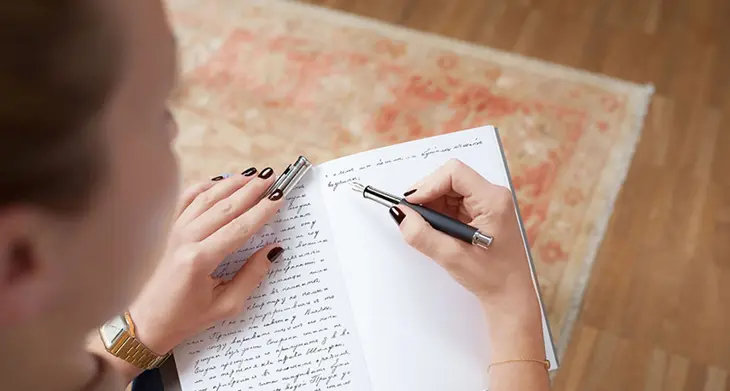 Eine Frau schreibt mit einem Füllhalter in ein Notizbuch.
