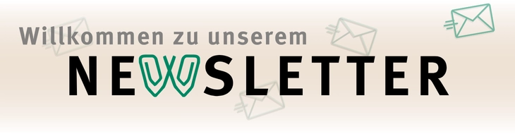 "Willkommen zu unserem Newsletter" auf braunem Hintergrund mit Briefumschlag Icons.
