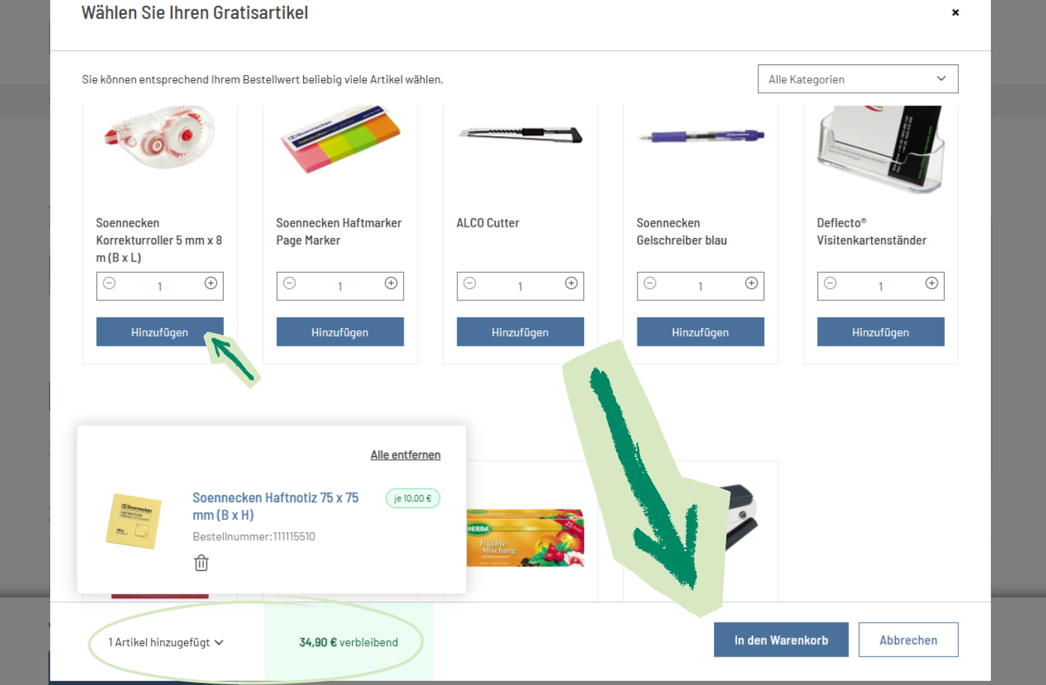 Abbilung der Gratisartikelauswahl