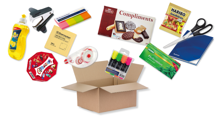 Aus einem Paket fliegen verschiedene Produkte.