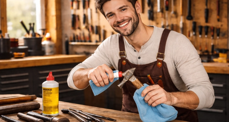 Ein Mann pflegt sein Werkzeug.