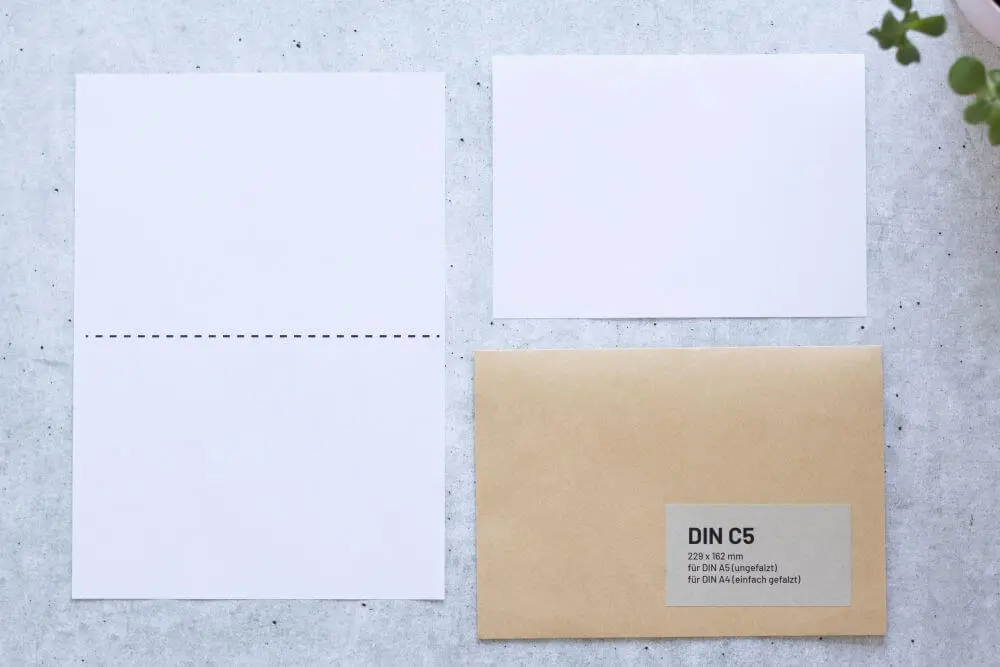 Auf grauem Grund liegt ein DIN A4-Papier mit einer gestrichelten Markierung in der Mitte, ein DIN A5-Papier und eine dazu passende Versandtasche DIN C5. Auf der Versandtasche ist ein Aufkleber aufgebracht mit folgenden Infos: DIN C5, 229x162 Millimeter, für DIN A5 (ungefalzt), für DIN A4 (einfach gefalzt). Rechts oben ragt der Teil einer Pflanze ins Bild.