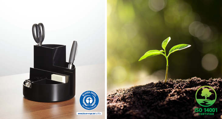 Blauer-Engel-zertifizierte MAUL-Produkte und Pflanzensymbol für Nachhaltigkeit.