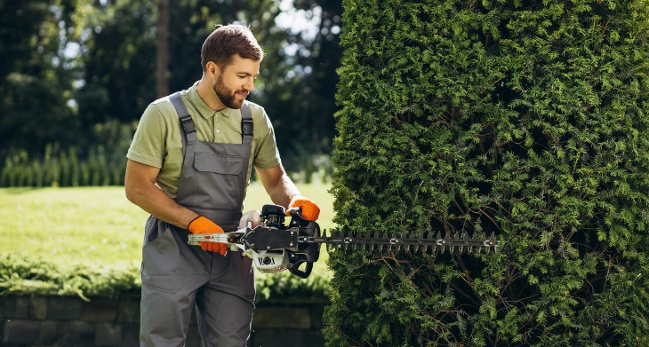 Gärtner mit Motorsense und Schutzhandschuhen schneidet eine Hecke im Garten.