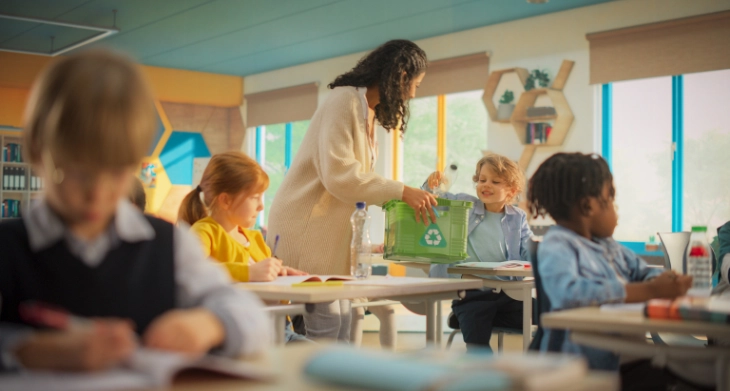 Lehrerin sammelt Recyclingmaterial mit Grundschulkindern im Klassenzimmer