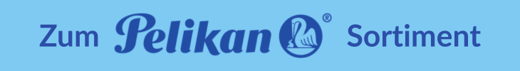 "Zum Pelikan Sortiment" vor blauem Hintergrund.