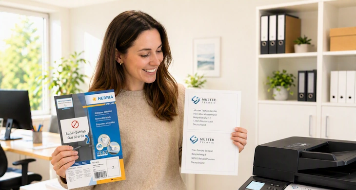 Frau im Büro hält HERMA Etikettenpackung und bedruckte Etiketten neben einem Drucker.