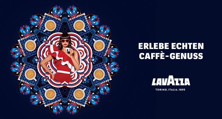 Grafisches Lavazza Motiv mit italienisch inspiriertem Design, Lavazza Logo und Schriftzug „Erlebe echten Caffè-Genuss“.
