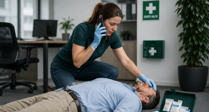 Ersthelferin leistet bewusstlosem Kollegen im Büro Erste Hilfe und setzt Notruf ab. 