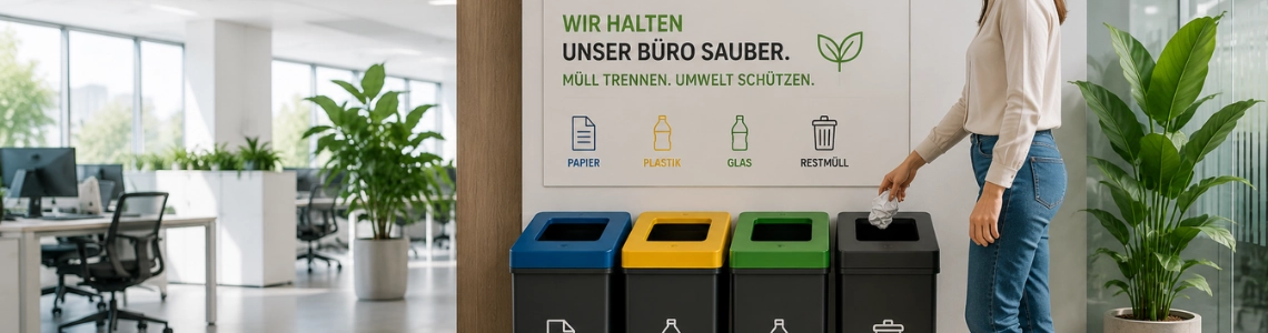Mitarbeiterin trennt Abfälle an Recyclingstation im Büro